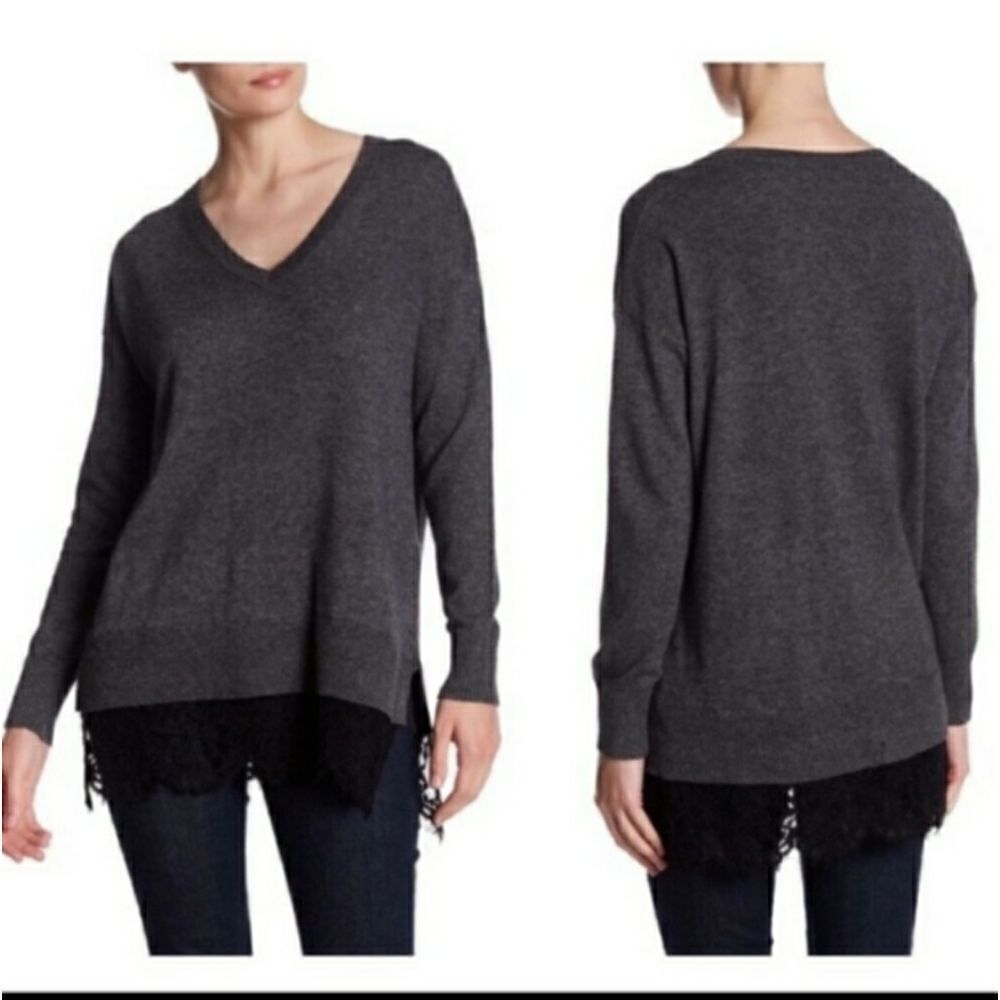 Topshop Gray V-Neck Lace Hem Sweater Lambswool Alpaca Blend US 4 UK 8 Charcoal